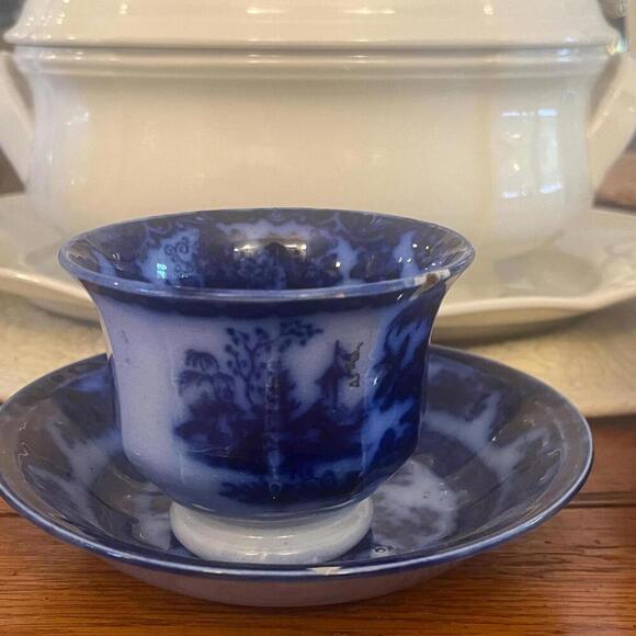 Antique‎ Temple Blue Flow Ironstone Cup And Saucer handleless Aged 1800s - Picture 5 of 9